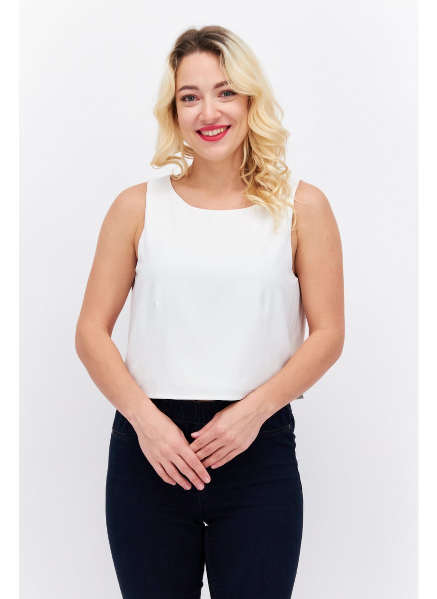ESPRIT - Women Round Neck Sleeveless Solid Crop Top, White - Image 1