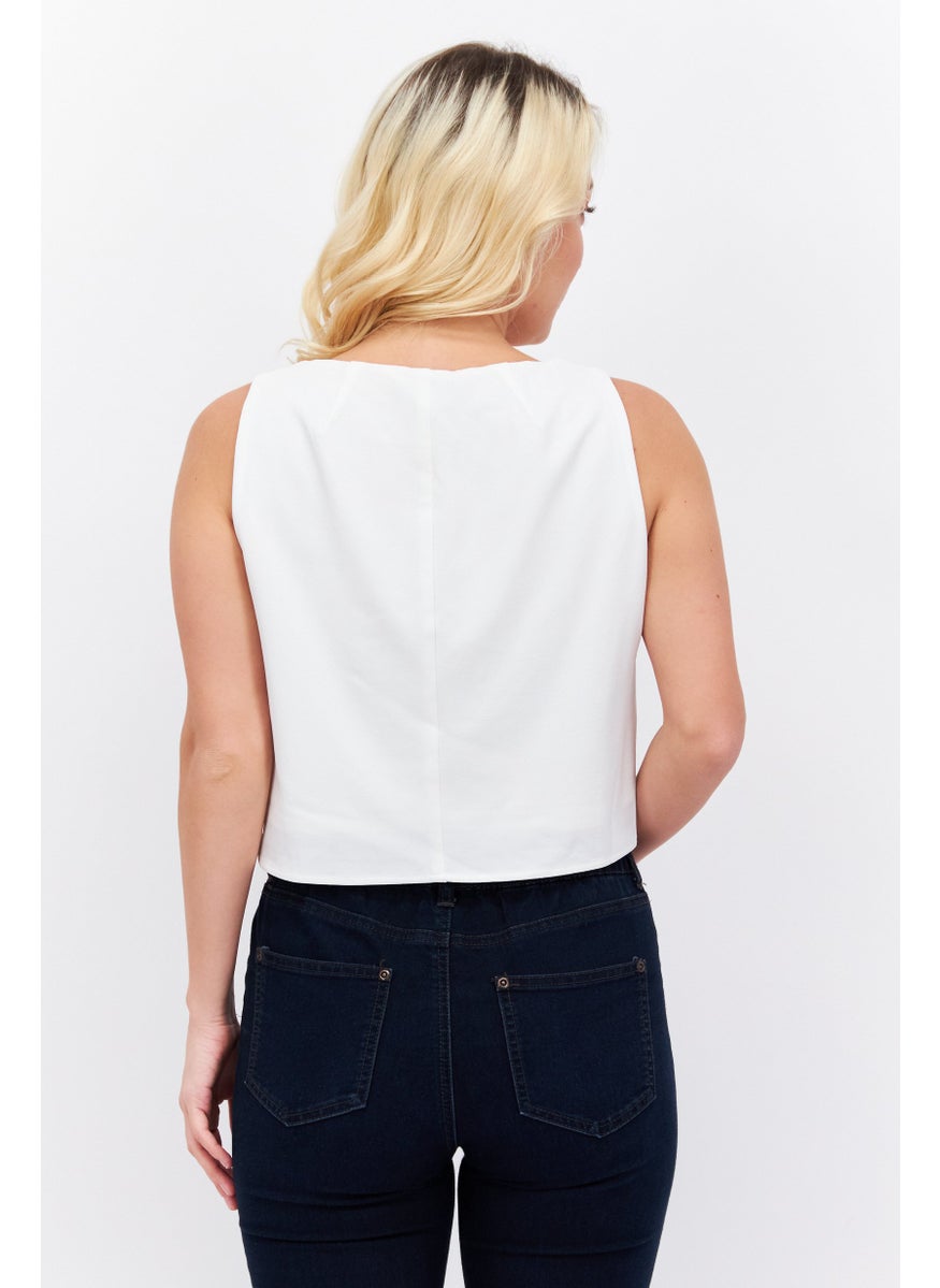 ESPRIT - Women Round Neck Sleeveless Solid Crop Top, White - Image 1