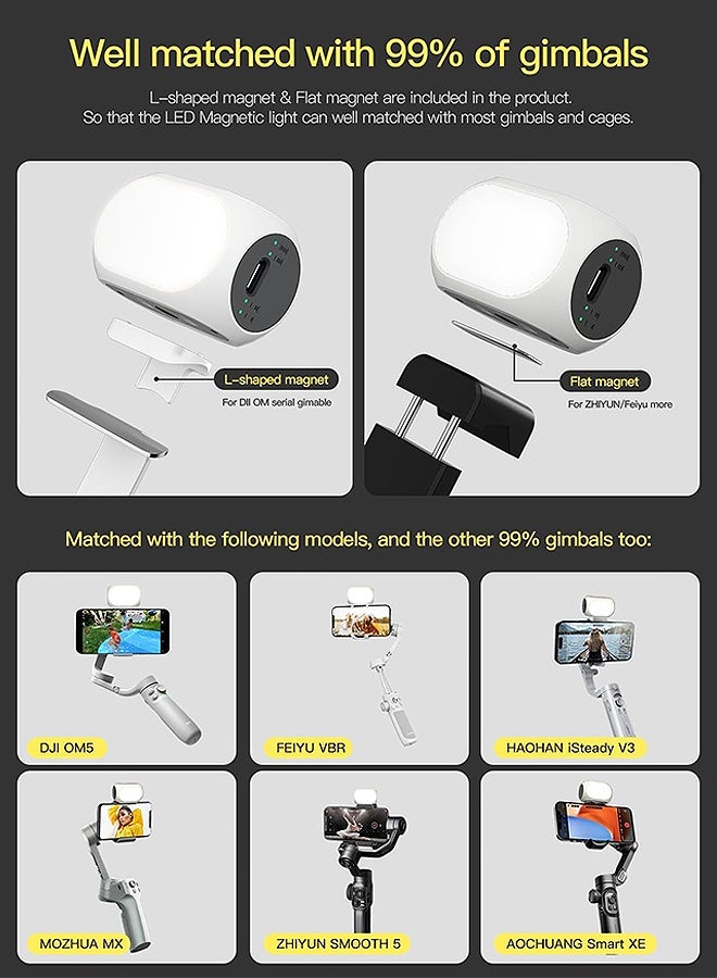 Gecomo Magnetic Fill Light, Magnetic Light for DJI Gimbal Small Video Light for Gimbal with Phone Clip & Cold Shoe Mount, USB-C Rechargeable 3 Modes 10 Brightness Levels - Image 2