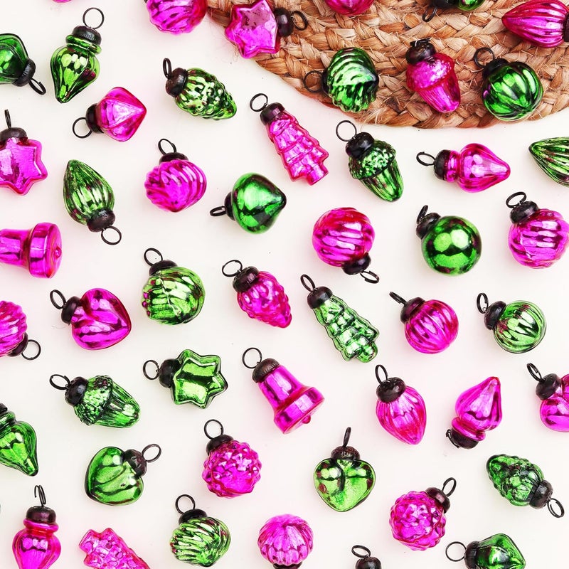 Indian-Shelf 50 Pieces Glass Pink Green Christmas Ornaments Decorative Mercury Mini Vintage Bulk Hanging Ornaments for Halloween Christmas Tree New Year Valentine Day Holidays Event and Wedding Party Decor - Image 1