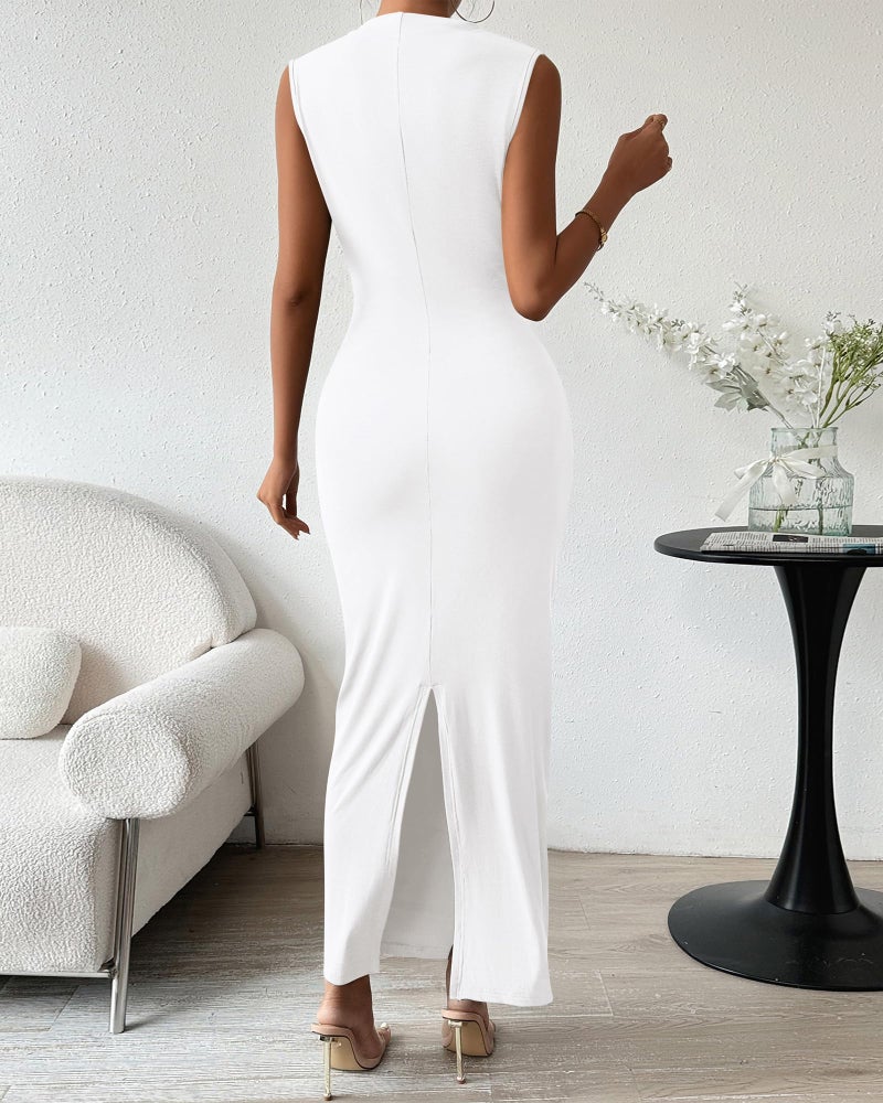 BTFBM Women Ruched Bodycon Maxi Dresses Summer Casual Sleeveless Lightweight Slit Elegant Cocktail Wedding Guest Dress(White, Large) - Image 4