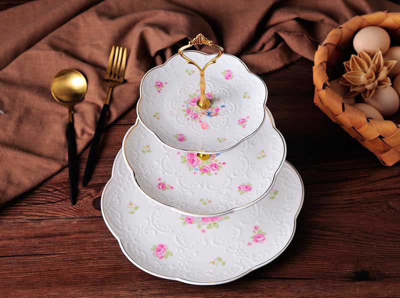 JusalphaÂ® Elegant Embossed 3-tier Ceramic Cake Stand- Cupcake Stand- Tea Party Pastry Serving Platter in Gift Box and a Free Sugar Tong (FL-Stand 03) - Image 2