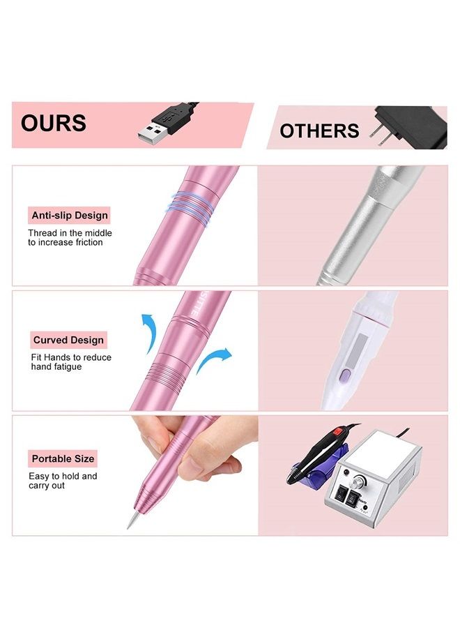 COSITTE Electric Nail Drill,USB Electric Nail Drill Machine for Acrylic Nail Kit,Portable Electric Nail File Polishing Tool Manicure Pedicure Kit Efile Nail Supplies for Home Salon,Pink - Image 3
