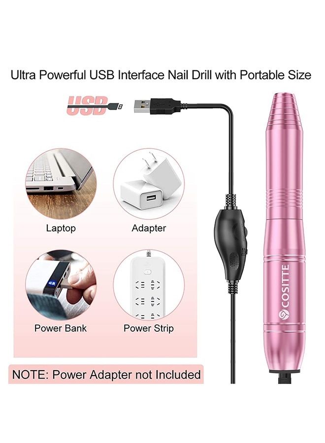 COSITTE Electric Nail Drill,USB Electric Nail Drill Machine for Acrylic Nail Kit,Portable Electric Nail File Polishing Tool Manicure Pedicure Kit Efile Nail Supplies for Home Salon,Pink - Image 2