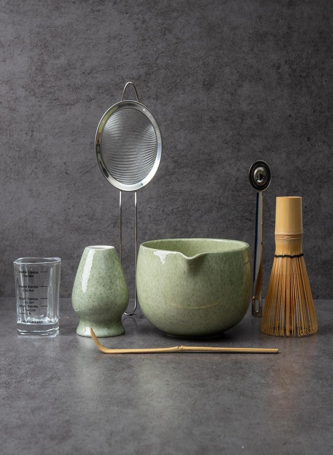 YIBO Matcha Whisk Set With Bowl, Ceramic Matcha Making Kit Includes Bamboo Whisk (Chasen), Holder Stand, Powder Starter Sifter, Scoop, Measuring Spoon & Cup Tea Tools For Ceremony (Mottled Green) - Image 1