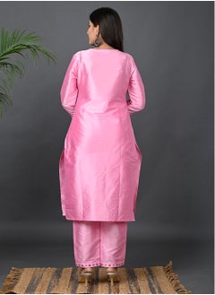 Riara Riara Embroidery Women Kurti With Pant And Dupatta Baby Pink Round Neck 2XL  - Image 5