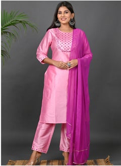 Riara Riara Embroidery Women Kurti With Pant And Dupatta Baby Pink Round Neck 2XL  - Image 1