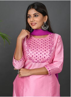 Riara Riara Embroidery Women Kurti With Pant And Dupatta Baby Pink Round Neck 2XL  - Image 3