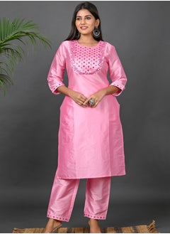 Riara Riara Embroidery Women Kurti With Pant And Dupatta Baby Pink Round Neck 2XL  - Image 4
