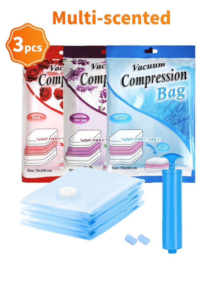 Scented Vacuum Storage Bags with Free Pump, Reusable Compression Bags for Cloths & Travel & Packing Organizer, 3-Pack Space Saver  - Image 1