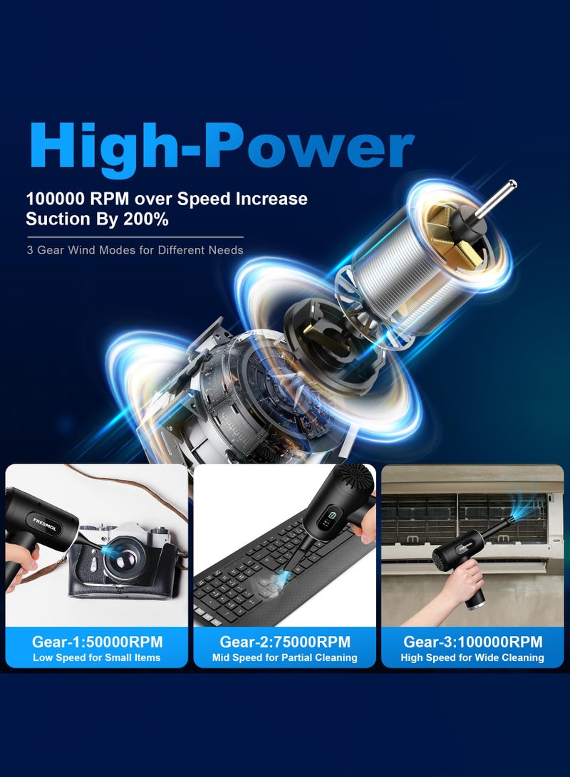 Arabest Compressed Air Duster-3 Gear Adjustable 100000RPM Electric Air Duster with LED Light, Rechargeable Cordless Air Blower for Keyboard Electric Devices Cleaning. Replaces Compressed Air Cans (Black) - Image 2