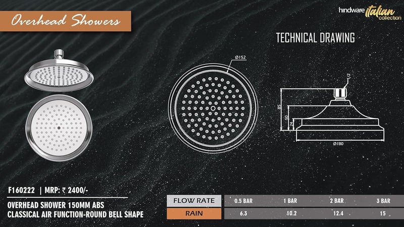 Hindware Italian Collection F160222CP Classical Air Function Overhead Shower for Bathroom 150mm Round Bell Shape Made of ABS Works in 0530 Bar Pressure ARM NOT INCLUDED - Image 3