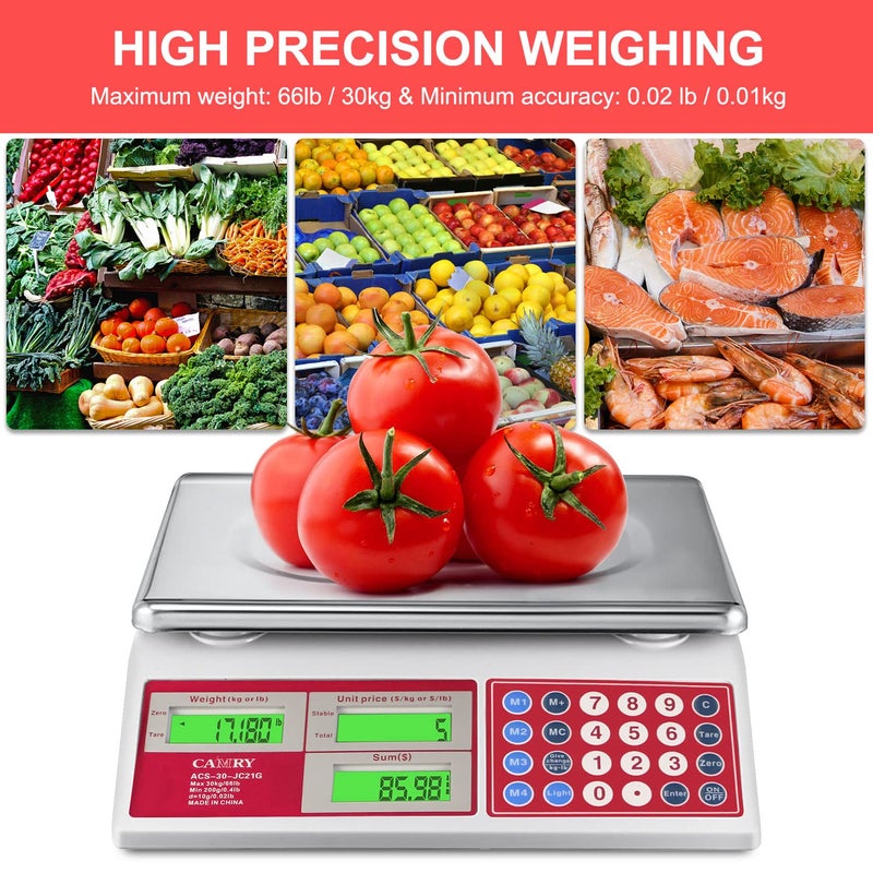 CAMRY Digital Price Computing Scale 66lb/30kg Commercial Produce Scale with Stainless Steel Platform and Green Backlight LCD Display for Meat, Fruit, Ideal for Deli, Farmers Markets, Restaurants - Image 2