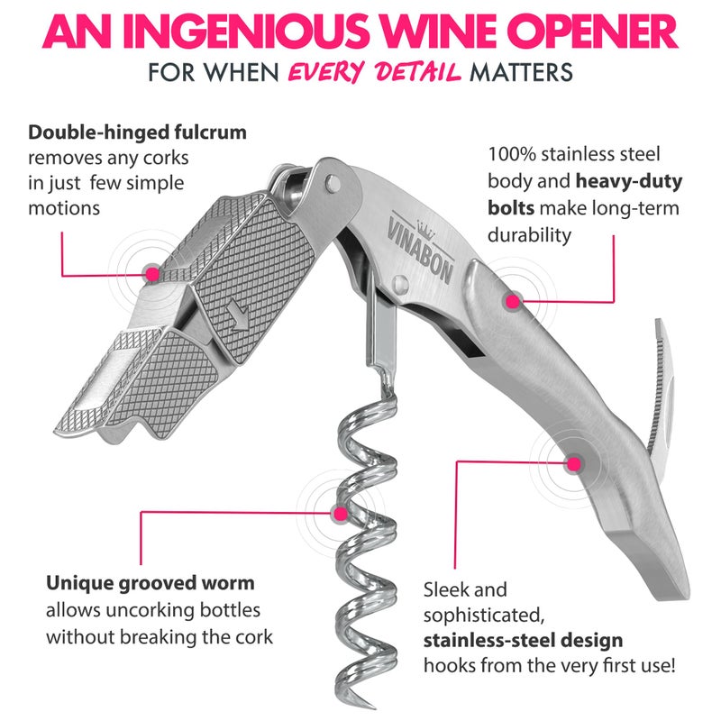 VINABON Wine Corkscrew Opener - Premium 2025 Multifunctional 3-in-1 Stainless Steel Wine Key Wine Bottle Opener with Beer Opener for Servers and Bartenders. Includes WineGuide Ebook - Image 4