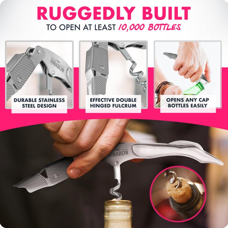 VINABON Wine Corkscrew Opener - Premium 2025 Multifunctional 3-in-1 Stainless Steel Wine Key Wine Bottle Opener with Beer Opener for Servers and Bartenders. Includes WineGuide Ebook - Image 3