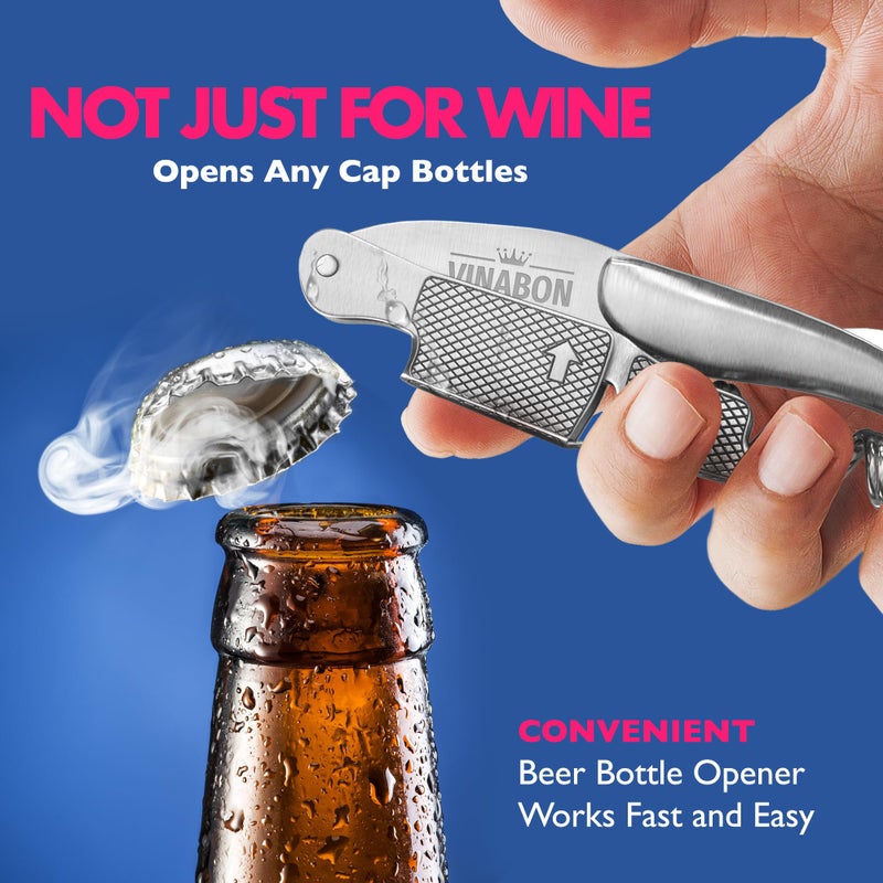 VINABON Wine Corkscrew Opener - Premium 2025 Multifunctional 3-in-1 Stainless Steel Wine Key Wine Bottle Opener with Beer Opener for Servers and Bartenders. Includes WineGuide Ebook - Image 5