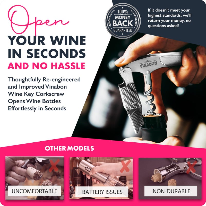 VINABON Wine Corkscrew Opener - Premium 2025 Multifunctional 3-in-1 Stainless Steel Wine Key Wine Bottle Opener with Beer Opener for Servers and Bartenders. Includes WineGuide Ebook - Image 2