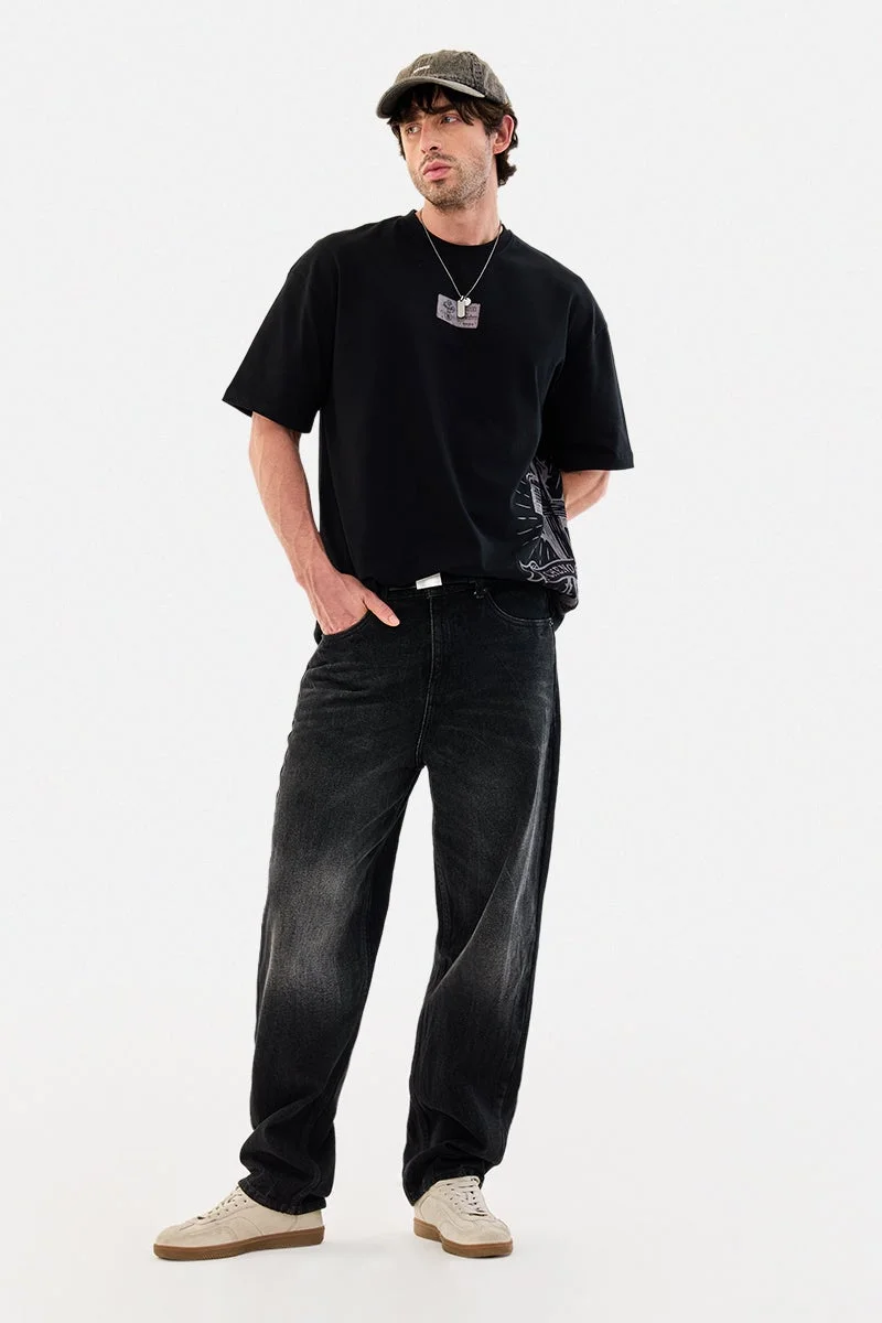 سنيتش Black Graphic Half Sleeve Oversized Streetwear T-Shirt