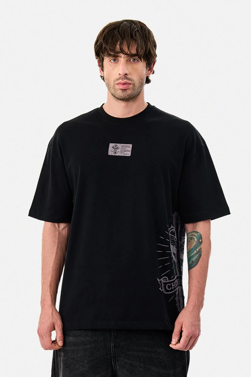 سنيتش Black Graphic Half Sleeve Oversized Streetwear T-Shirt