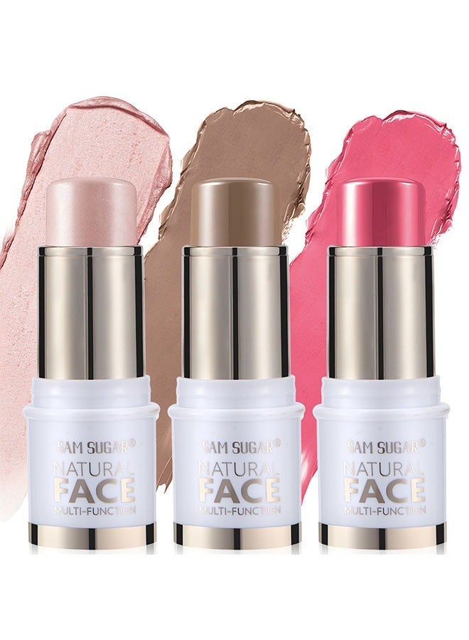 SAM SUGAR Natural Face Multi-Function,Face Sticks Trio, Cream Blush Stick u0026 Highlighter Stick u0026 Contour Stick for Sculpt the Cheeks, Long Lasting Cream Contour Stick Trio for Face Makeup #02 #05 #09 - Image 1