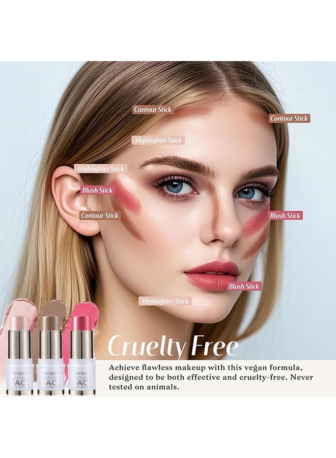 SAM SUGAR Natural Face Multi-Function,Face Sticks Trio, Cream Blush Stick u0026 Highlighter Stick u0026 Contour Stick for Sculpt the Cheeks, Long Lasting Cream Contour Stick Trio for Face Makeup #02 #05 #09 - Image 3