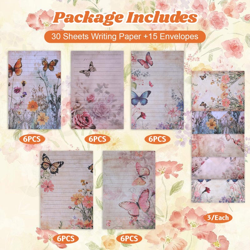 Alrhso Stationary Letter and Envelopes Set Floral Butterfly Stationary Paper and Envelopes Set 30 Pcs Letter Papers 15 Pcs Colored Envelope, 20 Round Dot Sticker for Writing Letters - Image 4