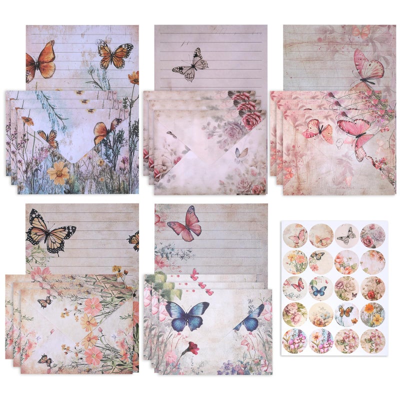 Alrhso Stationary Letter and Envelopes Set Floral Butterfly Stationary Paper and Envelopes Set 30 Pcs Letter Papers 15 Pcs Colored Envelope, 20 Round Dot Sticker for Writing Letters - Image 1