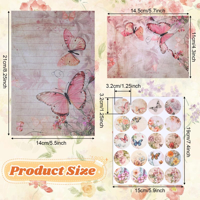 Alrhso Stationary Letter and Envelopes Set Floral Butterfly Stationary Paper and Envelopes Set 30 Pcs Letter Papers 15 Pcs Colored Envelope, 20 Round Dot Sticker for Writing Letters - Image 3