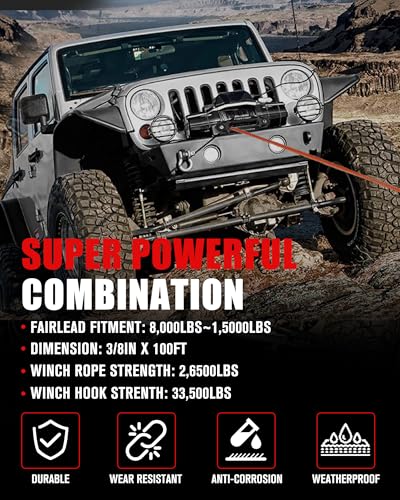FIERYRED Synthetic Winch Rope 3/8 Inch 100FT - 26500Ibs Winch Line Cable Rope with Winch Hook Fairleads for 4WD Off Road Vehicle ATV UTV SUV SUV Trucks - Image 5