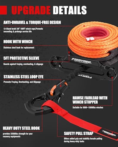 FIERYRED Synthetic Winch Rope 3/8 Inch 100FT - 26500Ibs Winch Line Cable Rope with Winch Hook Fairleads for 4WD Off Road Vehicle ATV UTV SUV SUV Trucks - Image 4