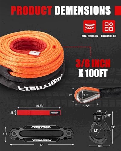 FIERYRED Synthetic Winch Rope 3/8 Inch 100FT - 26500Ibs Winch Line Cable Rope with Winch Hook Fairleads for 4WD Off Road Vehicle ATV UTV SUV SUV Trucks - Image 2