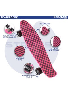 STRAUSS STRAUSS Cruiser Penny Skateboard, Anti-Skid Board with ABEC-7 High Precision Bearings, PU Light-Up Wheels, for Ages 8+ (22 X 6 Inch, Checkered Pink)  - Image 5