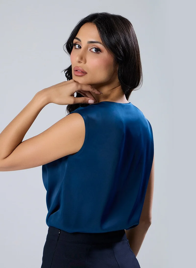 Zigzag Cowl Neck Short Sleeve Satin Teal Top