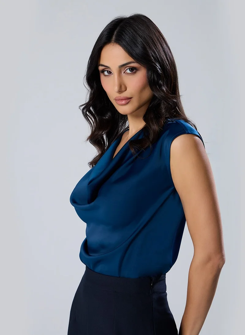 Zigzag Cowl Neck Short Sleeve Satin Teal Top