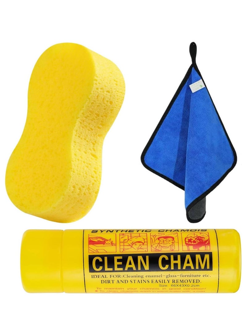 Clean Cham 3 Piece Car Wash Cleaning Tool Set, Car Wash Detailing Kit, Microfiber Car Drying Towel/Pop-Up Car Sponge/Chamois Drying Cloth - Image 1