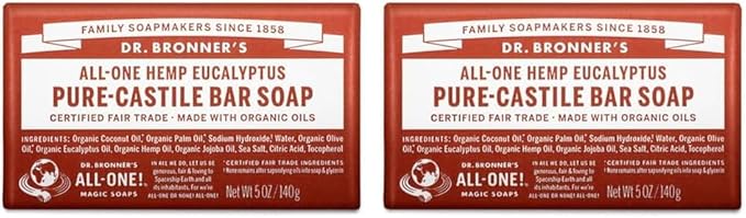 Dr. Bronner's Dr Bronners 3in1 Eucalyptus Pure Castile Bar Soap Made with Organic Oils and No Synthetic Preservatives Used for Face Body and Hair Certified Fair Trade Vegan Friendly 140g Bar - Image 1