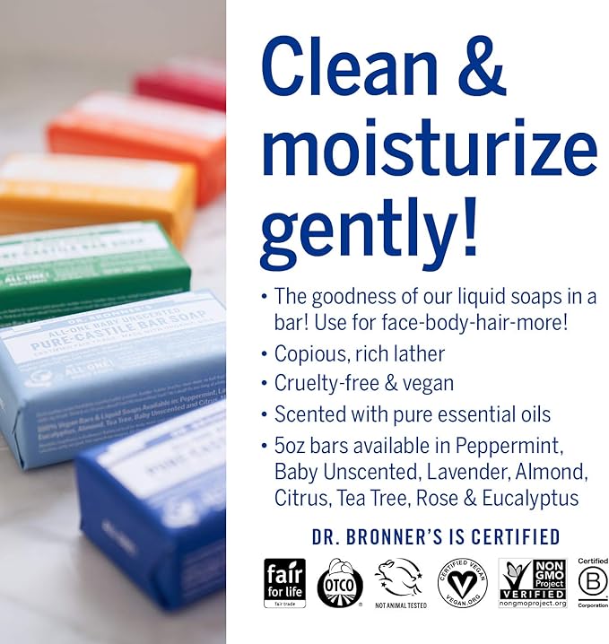 Dr. Bronner's Dr Bronners 3in1 Eucalyptus Pure Castile Bar Soap Made with Organic Oils and No Synthetic Preservatives Used for Face Body and Hair Certified Fair Trade Vegan Friendly 140g Bar - Image 5