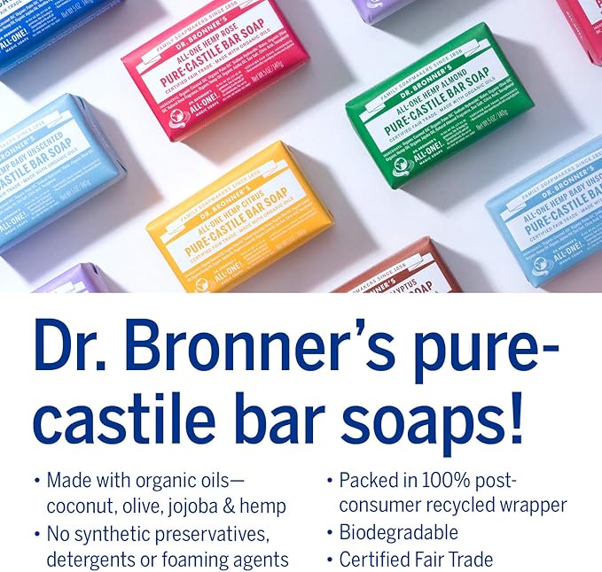 Dr. Bronner's Dr Bronners 3in1 Eucalyptus Pure Castile Bar Soap Made with Organic Oils and No Synthetic Preservatives Used for Face Body and Hair Certified Fair Trade Vegan Friendly 140g Bar - Image 4