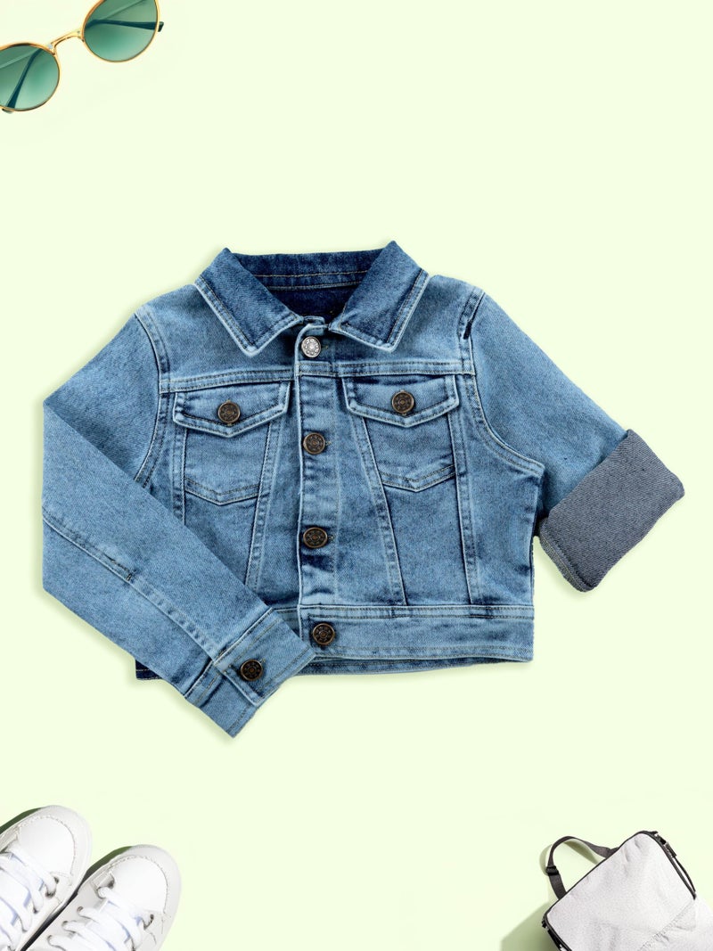 KiddoPanti Girls Full Sleeve Crop Length Front Button Open Denim Jacket, Lt Rag Wash Blue - 8-10Y - Image 5