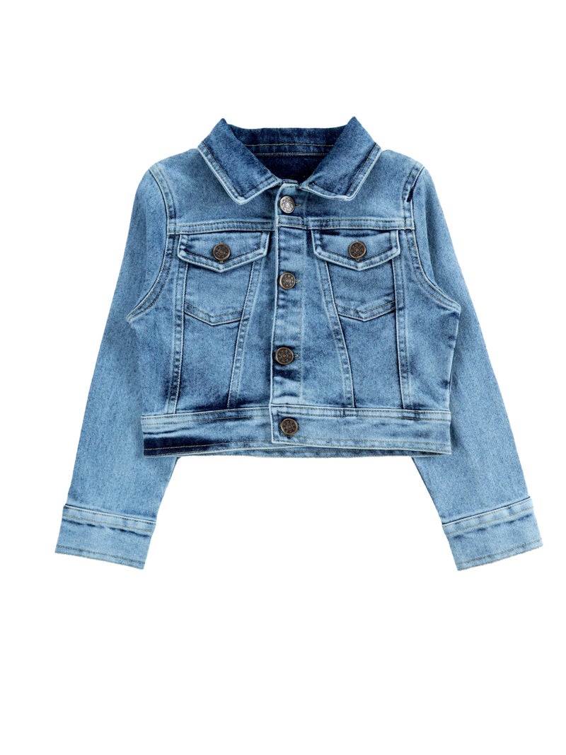 KiddoPanti Girls Full Sleeve Crop Length Front Button Open Denim Jacket, Lt Rag Wash Blue - 8-10Y - Image 1