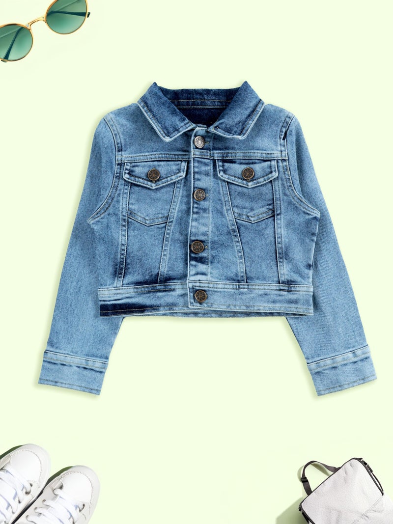 KiddoPanti Girls Full Sleeve Crop Length Front Button Open Denim Jacket, Lt Rag Wash Blue - 8-10Y - Image 3