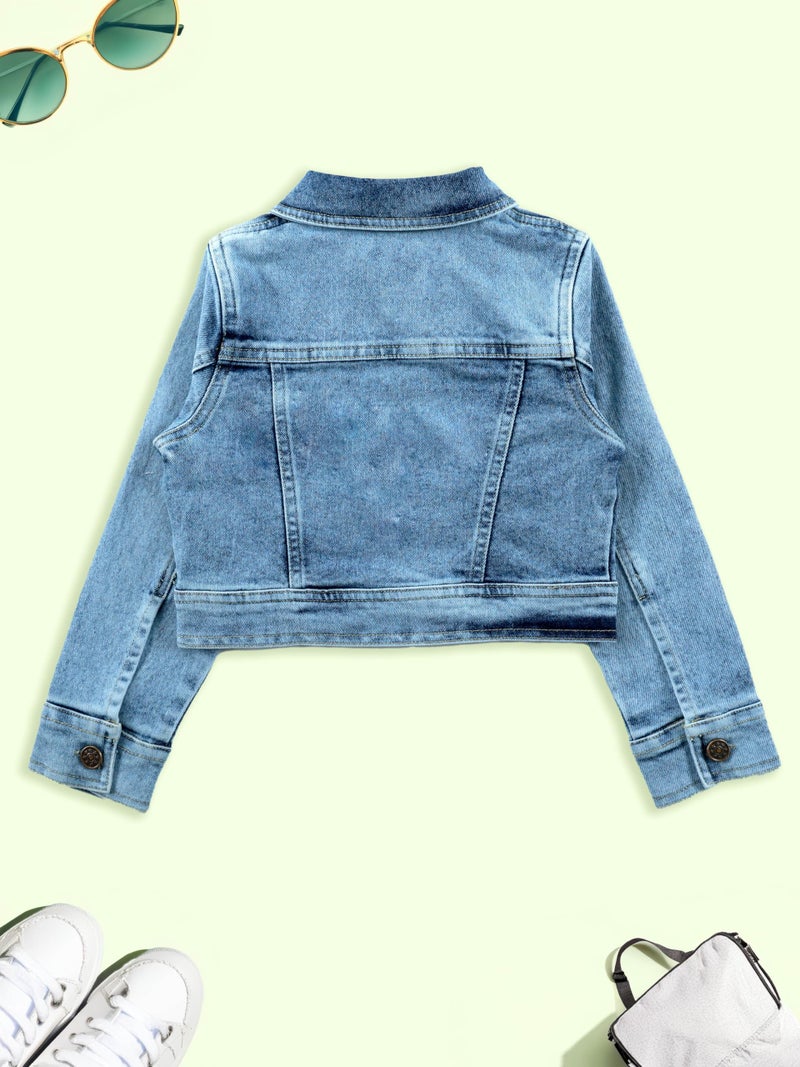 KiddoPanti Girls Full Sleeve Crop Length Front Button Open Denim Jacket, Lt Rag Wash Blue - 8-10Y - Image 4