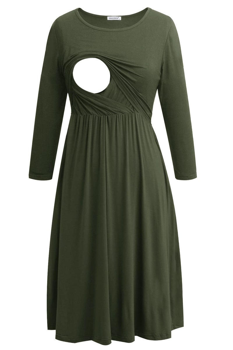 Smallshow Womens Maternity Nursing Dress 34 Sleeve Dress for Breastfeeding Medium Army Green