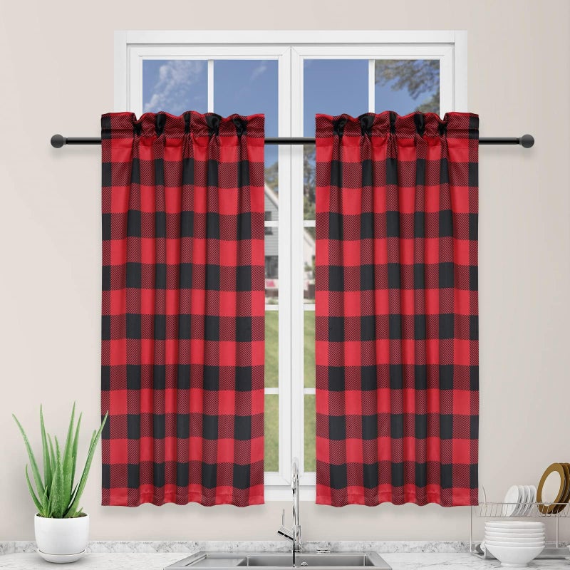 Simple Deluxe 2 PCS Buffalo Check Kitchen Tier Curtains  Plaid Gingham Short Curtain for Half Cafe Windows  26"" W x 36"" L  Black&Red - Image 1