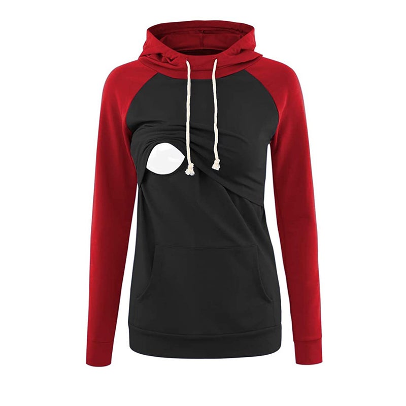 2022 autumn and winter European and American pregnant women hooded long sleeve color matching nursing top sweater Red - Image 4