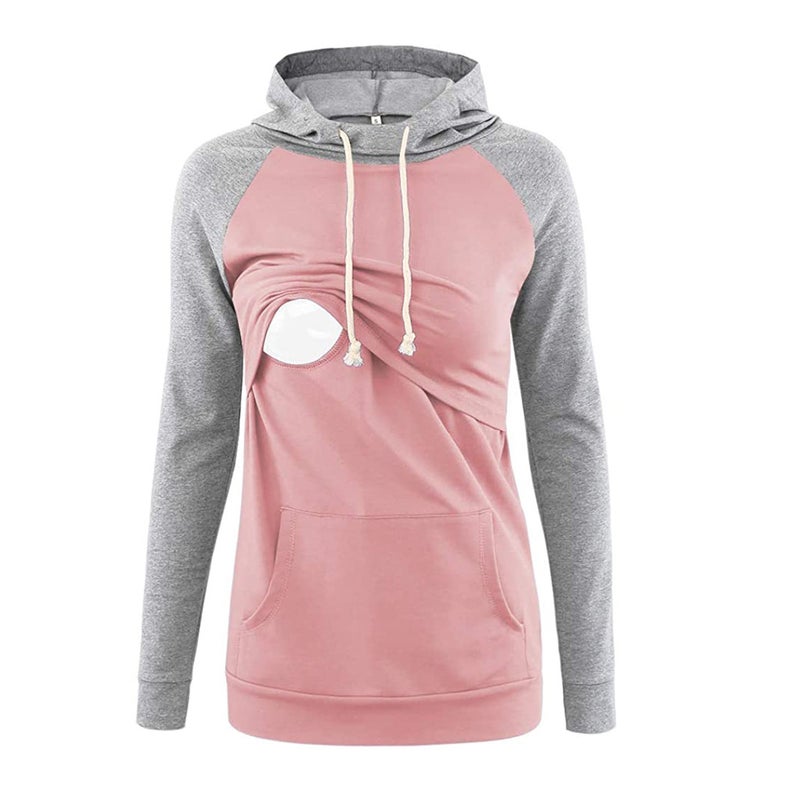 2022 autumn and winter European and American pregnant women hooded long sleeve color matching nursing top sweater Red - Image 3