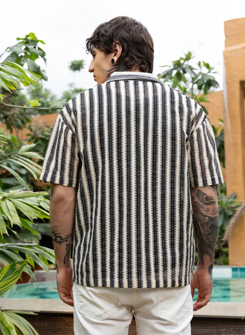 Campus Sutra Campus Sutra Men Candy-Striped Crochet Oversized Shirt | Cuban Collar Short Regular Sleeves | Button Closure Straight Hem | Stripes Crochet | Woven Fabric For Casual & Vacation Wear | Black & White