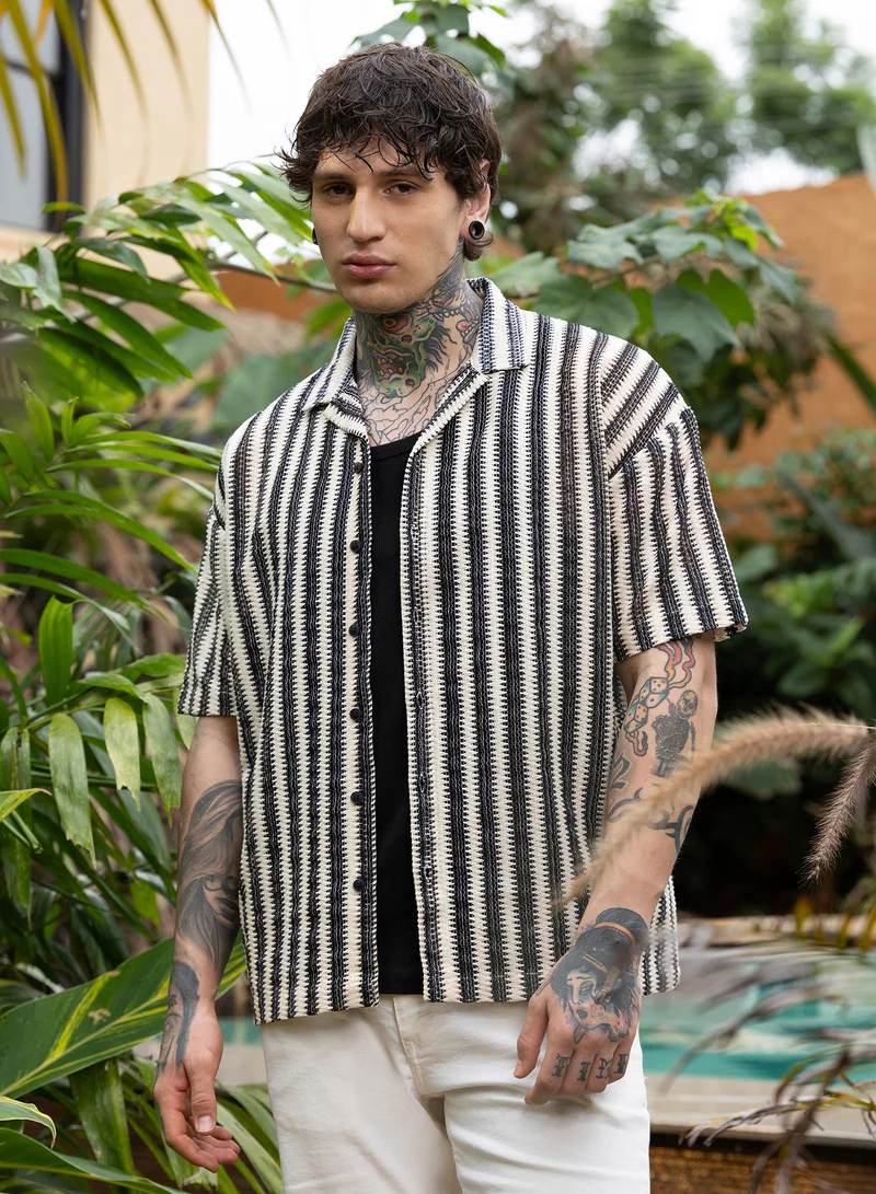 كامبوس سوترا Campus Sutra Men Candy-Striped Crochet Oversized Shirt | Cuban Collar Short Regular Sleeves | Button Closure Straight Hem | Stripes Crochet | Woven Fabric For Casual & Vacation Wear | Black & White