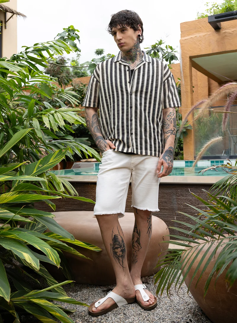 Campus Sutra Campus Sutra Men Candy-Striped Crochet Oversized Shirt | Cuban Collar Short Regular Sleeves | Button Closure Straight Hem | Stripes Crochet | Woven Fabric For Casual & Vacation Wear | Black & White