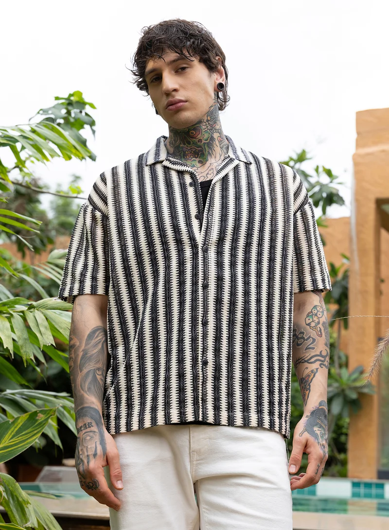 كامبوس سوترا Campus Sutra Men Candy-Striped Crochet Oversized Shirt | Cuban Collar Short Regular Sleeves | Button Closure Straight Hem | Stripes Crochet | Woven Fabric For Casual & Vacation Wear | Black & White